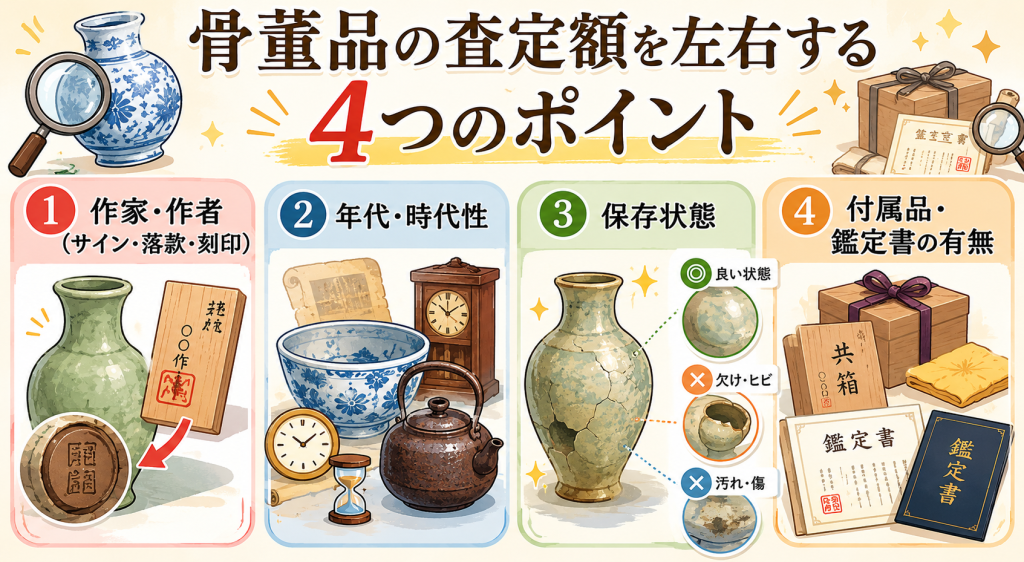 骨董品の査定額を左右する4つのポイント　図解